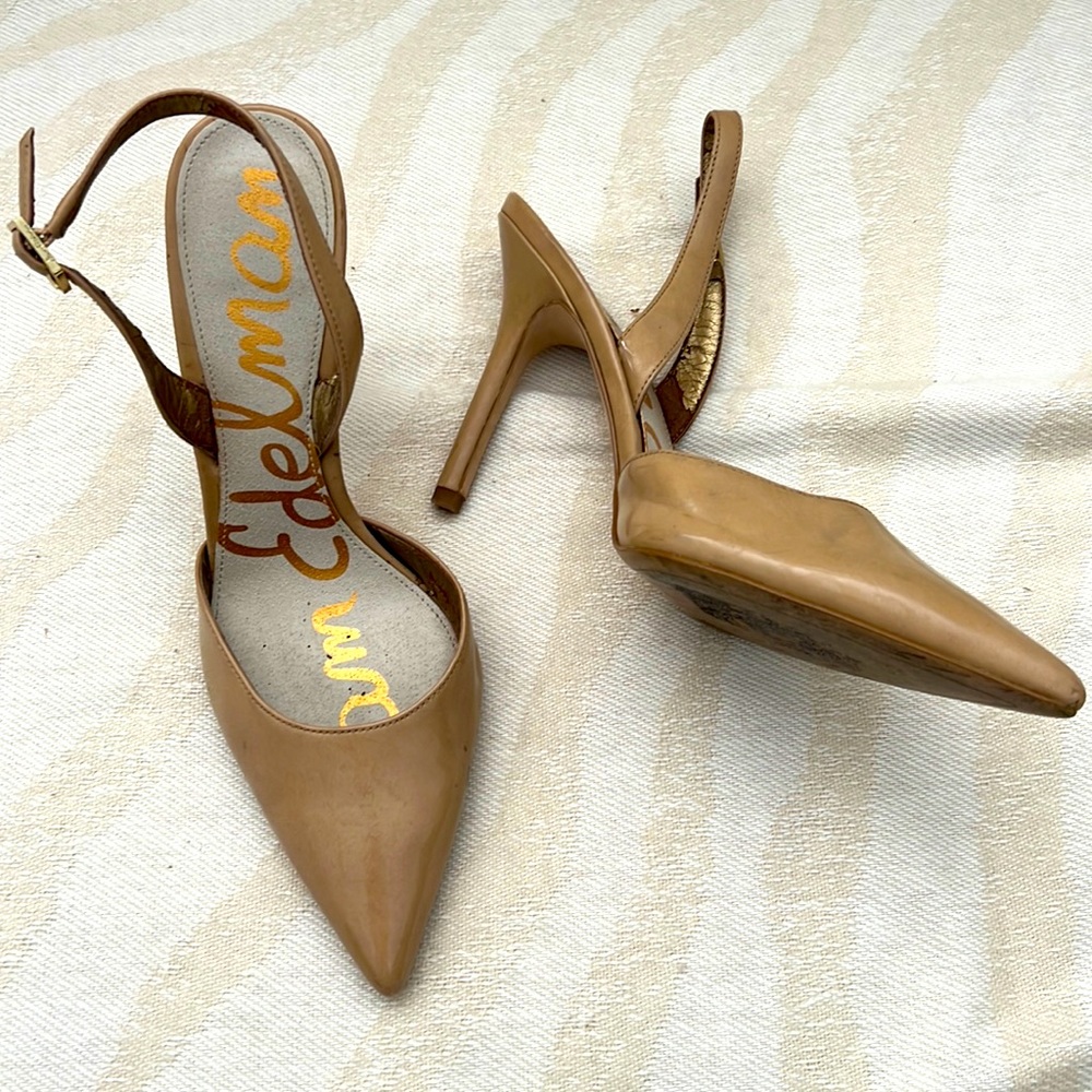 Beautiful patent tan, sling backs